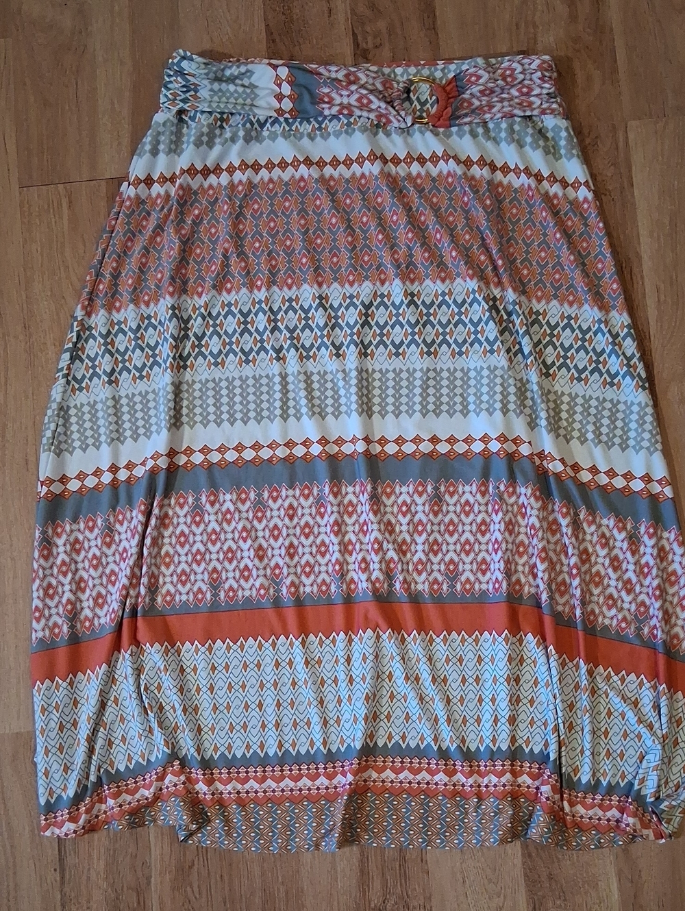 Women’s Printed Maxi Skirt in Orange & Cream With Belt Like Accented Waist